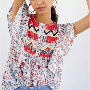 Anthropologie White Red Blue Yellow Floral Patchwork Blouse